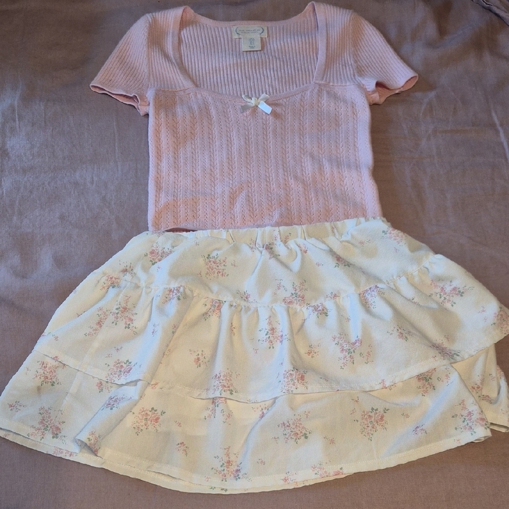 Pink Ribbed Top and Floral Skort Set